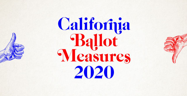 A red-and-blue graphic with a thumb up and a thumb down reading California Ballot Measures 2020